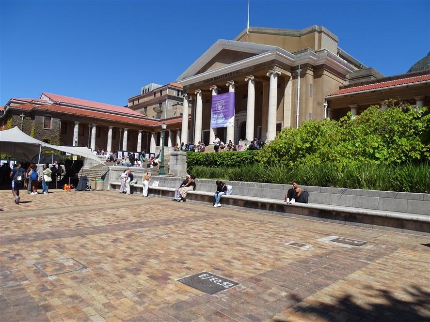 Columned portico of Sarah Baartman Hall above the stone plaza at UCT