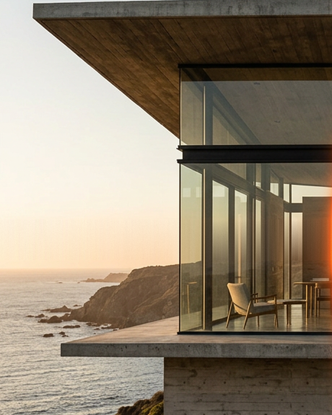 Clifftop modernist house above the sea at golden hour, photoreal capture